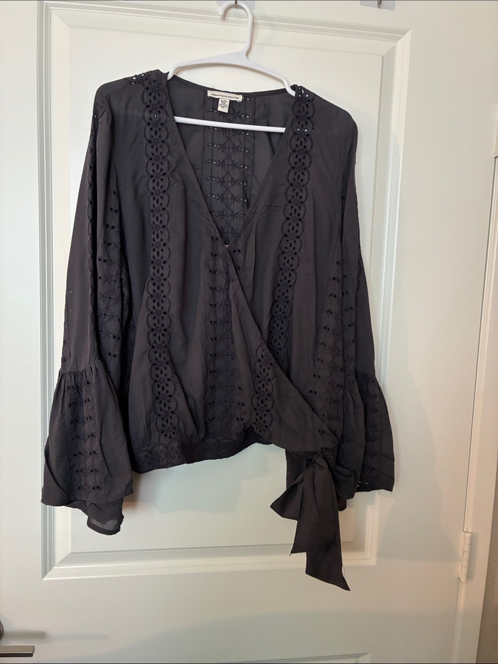 American Eagle Outfitters Black Eyelet Wrap Top with Tie Waist